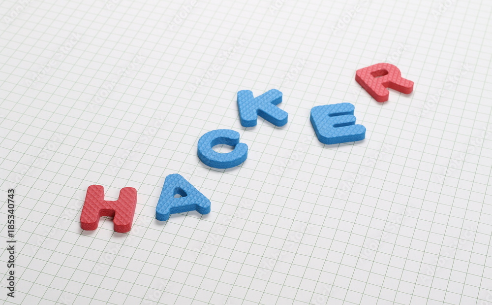 Obraz premium Alphabet letters spelling out hacker isolated on white checkered background