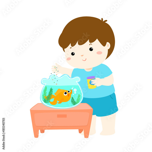 Illustration of cute little boy feeding fish in aquarium cartoon.