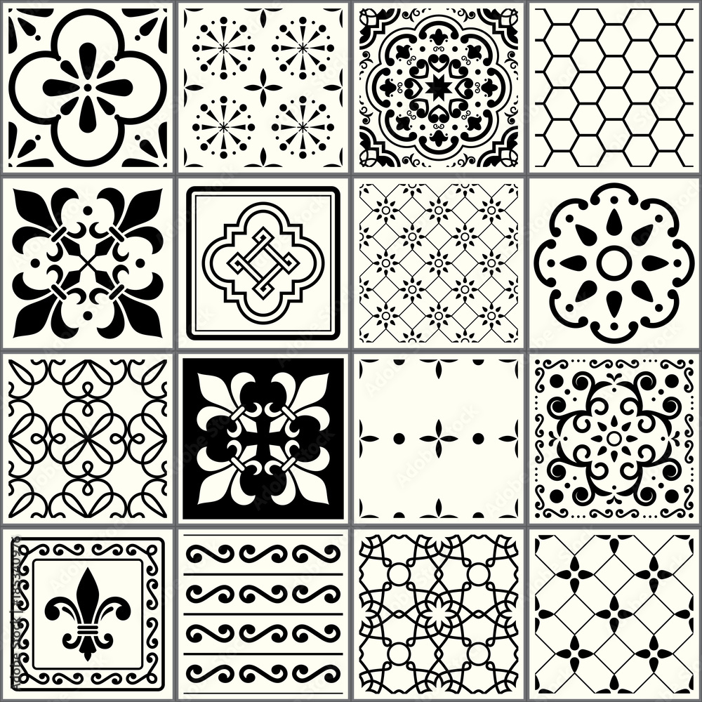 Portuguese tiles pattern, Lisbon seamless black and white tiles, Azulejos  vintage geometric ceramic design Stock Vector | Adobe Stock
