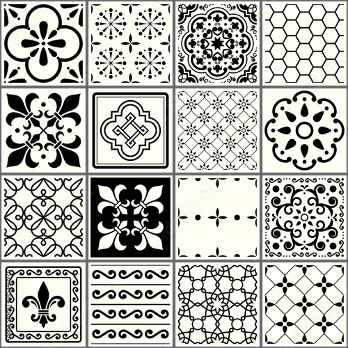 
Portuguese tiles pattern, Lisbon seamless black and white tiles, Azulejos vintage geometric ceramic design
