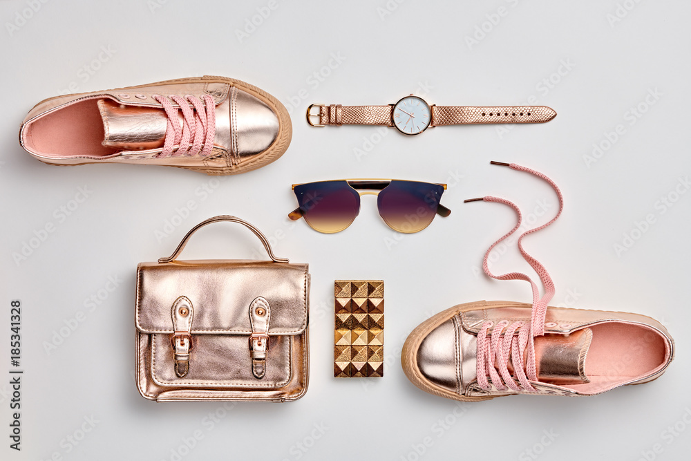 Fashion. Woman Gold Accessories Set. Trendy fashion Handbag, Gold Shoes, Glamour Sunglasses, Stylish Watch. Layout. Luxury Spring Hipster Girl Outfit. Pastel Color