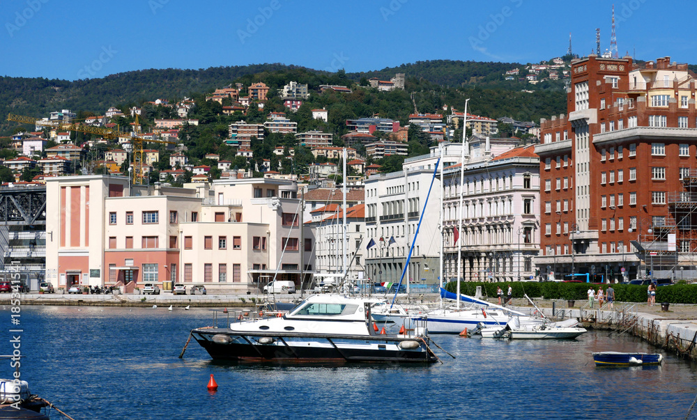 Trieste, Italy. Harbor, view of the boat and the city