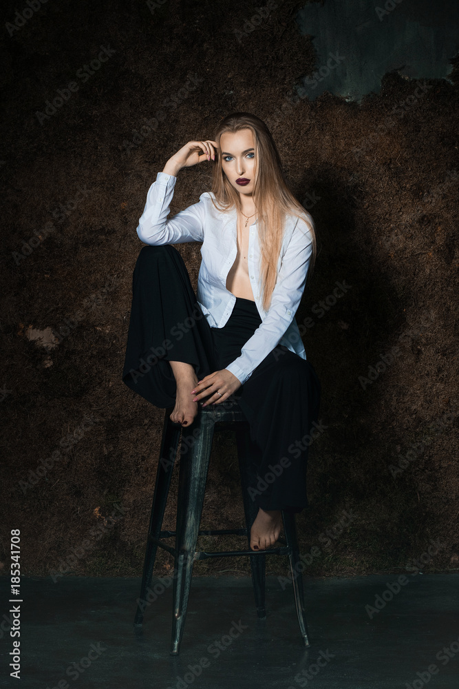 Beautiful fabulous woman in black pants and white shirt. Fashionable and elegant look. Beautiful fabulous woman in black pants and white shirt. Fashionable and elegant look.