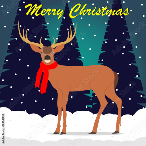 Reindeer with a red scarf on a snowy background. Merry Christmas background with cute deer. Flat Vector illustration.
