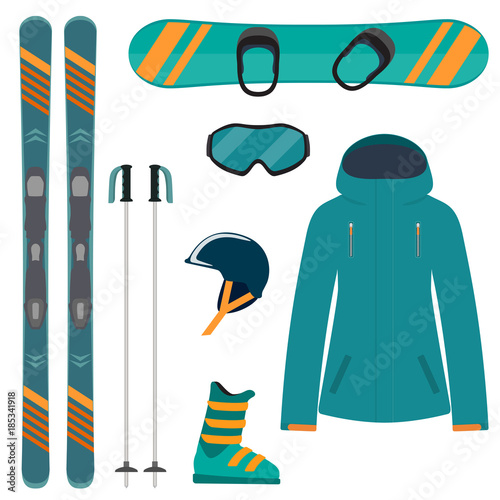 Skiing and snowboarding equipment, set. Skis, ski poles, snowboard, helmet, glasses, boots, jacket. Winter equipment icons. Vector illustration in flat style.