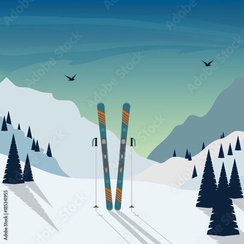 Winter Skiing holiday in mountains. Snowy mountain landscape with skis and ski poles standing in snow in the foreground. Vector illustration.