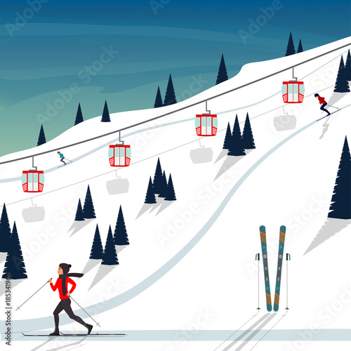 Ski resort snow mountain landscape, skiers on slopes, ski lifts. Winter landscape with ski slope covered with snow, trees and mountains on background. Cartoon flat vector illustration.