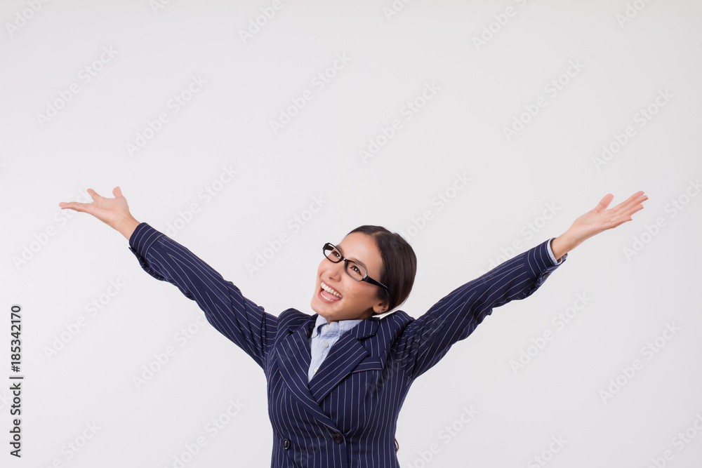 excited successful business woman looking up excited successful business woman looking up