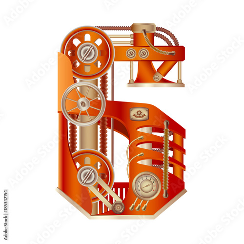 Arabic numeral 6, made in the form of a mechanism with moving and stationary parts on a steam, hydraulic or pneumatic draft. Isolated freely editable objects on a white background.