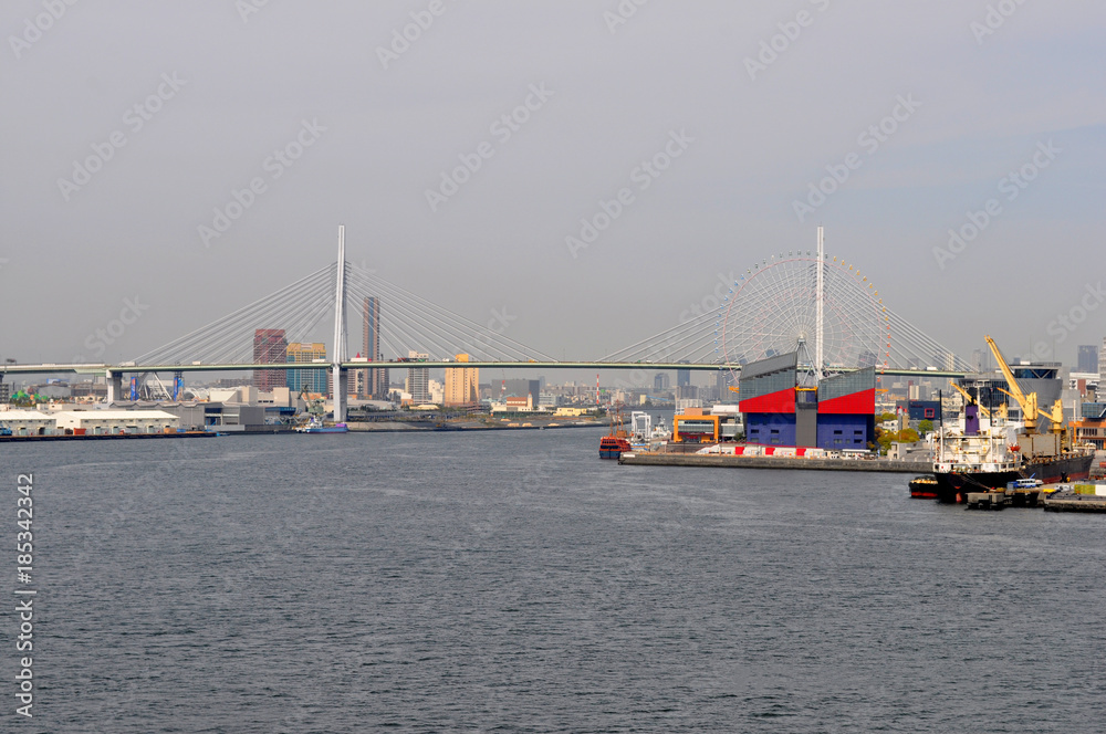 Industrial port of Osaka city, Japan wiev from bay