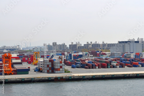 industrial port with containers in Osaka, Japan