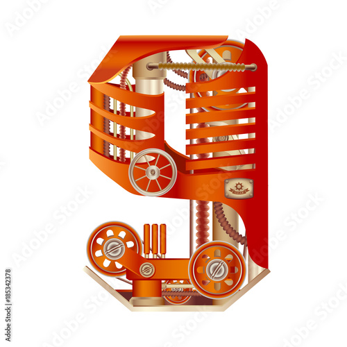 Arabic numeral 9, made in the form of a mechanism with moving and stationary parts on a steam, hydraulic or pneumatic draft. Isolated freely editable objects on a white background.