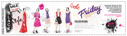 Black Friday Sale Template Horizontal Banner With Hand Drawn Fashion Models And Copy Space, New Collection Of Clothes Discounts Concept, Shopping Poster Vector Illustration
