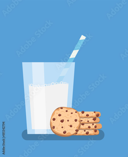 vector breakfast illustration with chocolate chip cookies and glass of milk