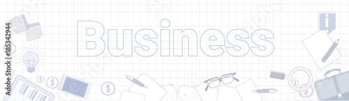Business Office Stuff On Squared Notebook Paper Background Horizontal Web Banner Vector Illustration