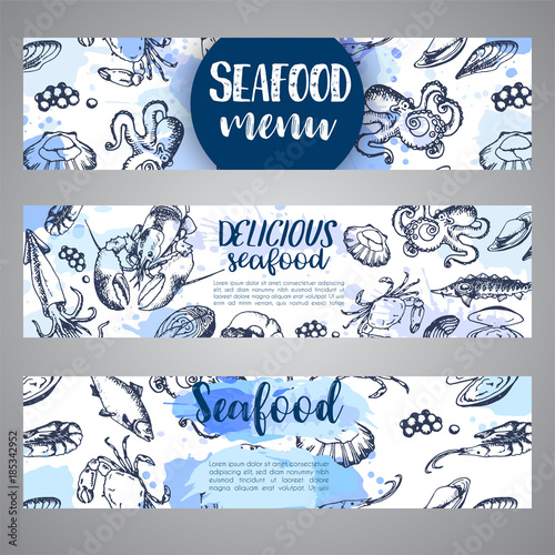 Seafood banner template set. Hand drawn vector illustrations. Ocean fish in engraved style. Sketch of crab, lobster, shrimp, oyster, mussel, caviar and squid