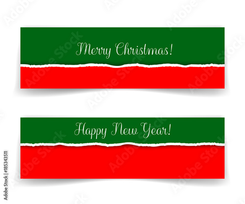 Merry Christmas and Happy New Year banners in grunge style with realistic torn paper borders. Vector illustration for greeting cards, invitations, web headers or advertising Free Download Merry Christmas and Happy New Year banners in grunge style with realistic torn paper borders. Vector illustration for greeting cards, invitations, web headers or advertising - GFXLoad