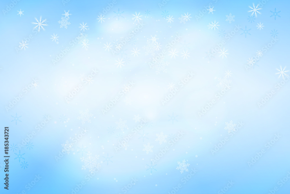 Pastel blue bokeh background with snowflakes and light effects. Merry Christmas on Happy New Year banner or header