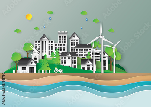 Green city and urban landscape paper art style design.Eco friendly and renewable energy of environment conservation concept.Vector illustration.