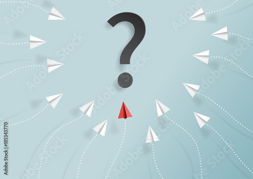 Paper airplane around question mark.Paper art style of business teamwork and resolution creative concept idea.Vector illustration