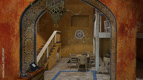 Photography Interior architettura araba, locale orientale, illustrazione 3d, bazar, dubai