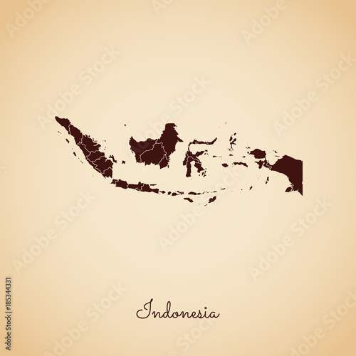 Indonesia region map: retro style brown outline on old paper background. Detailed map of Indonesia regions. Vector illustration.