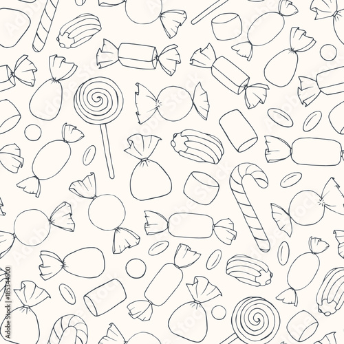 Hand drawn vector candies, canes and marshmallows contours seamless pattern on the beige background. Holiday decoration in pastel colors.