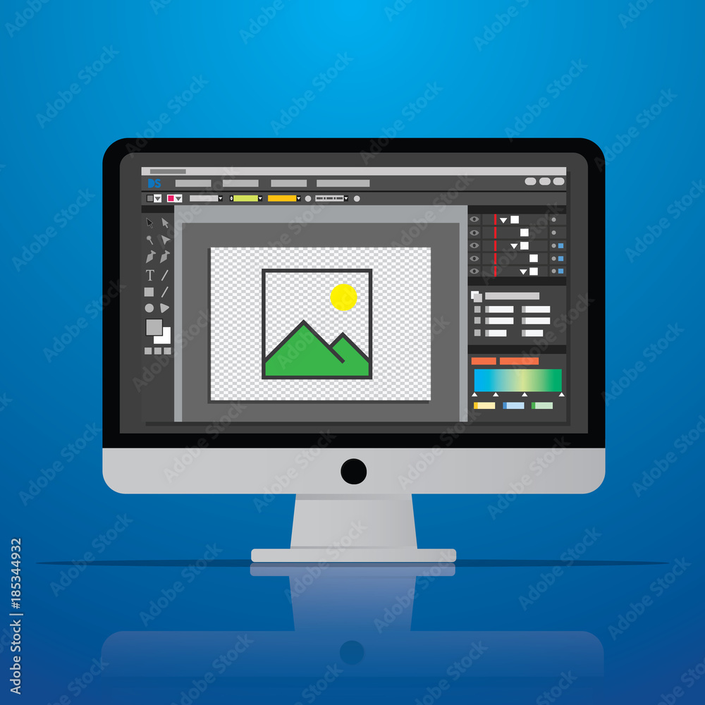 graphic photo picture editor software icon on desktop computer in vector flat design style