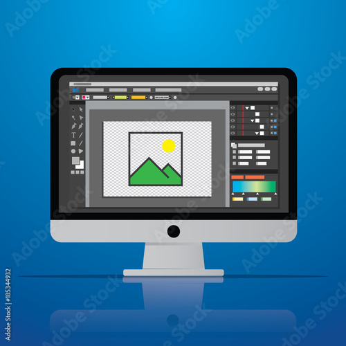 graphic photo picture editor software icon on desktop computer in vector flat design style