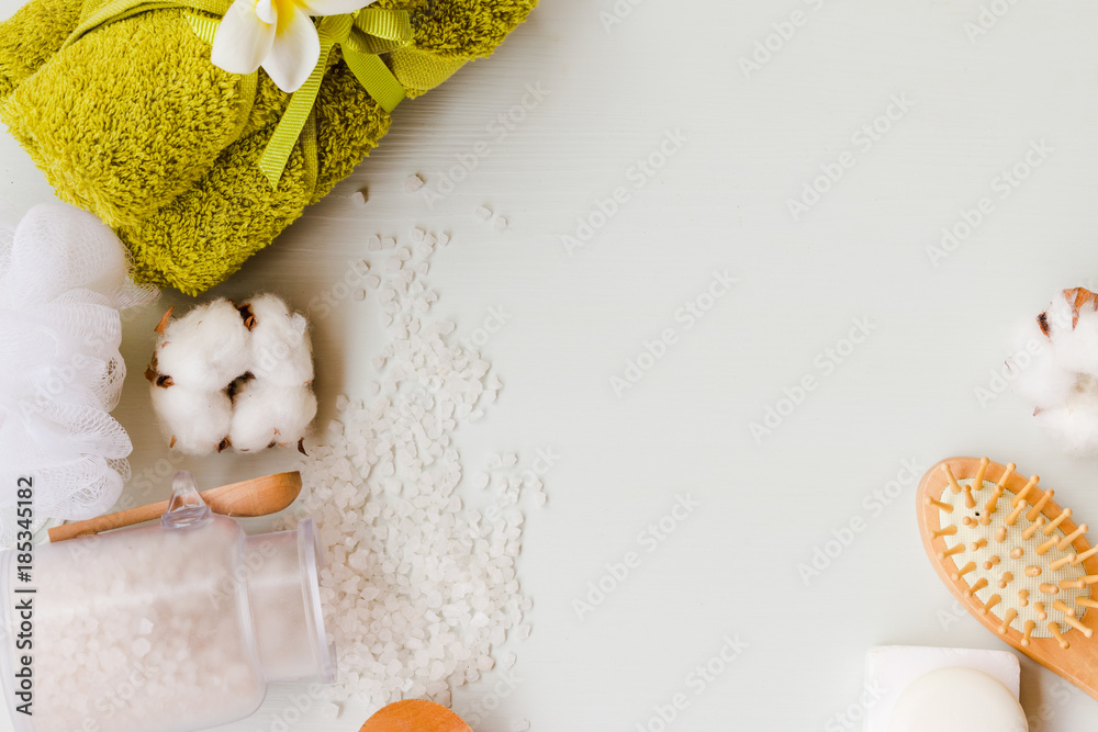 Frame of spa ingridients. Bath solt, comb, natural soap and towel with copy space. Frame of spa ingridients. Bath solt, comb, natural soap and towel with copy space.