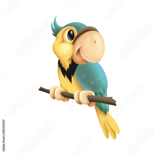 Cute colorful 3D cartoon parrot sitting on a branch, parrot, cute, animal, cartoon, 3D, baby