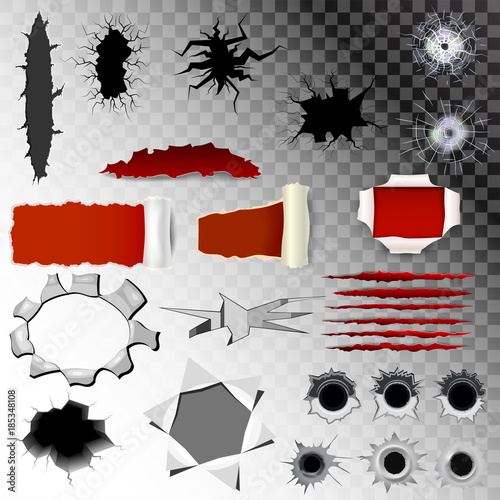 Scratch bullet holes vector of gunshot set gun shoot in holed metal target crack and scratching mark of animals claw isolated on black transparent background illustration