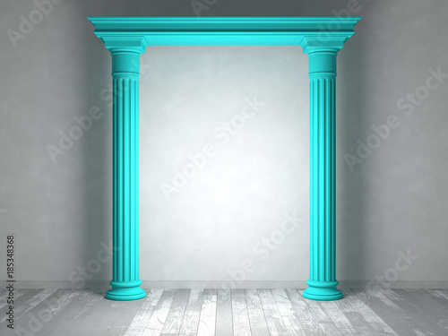 Classical portal with columns in an empty room with parquet floors and light-colored walls