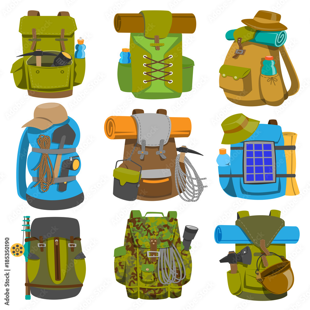 Backpack camp vector backpacking travel bag with tourist equipment in hiking camping and climbing sport knapsack or rucksack set illustration isolated on white background - obrazy, fototapety, plakaty 