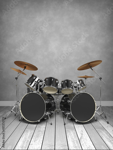 Empty room with old parquet and drums