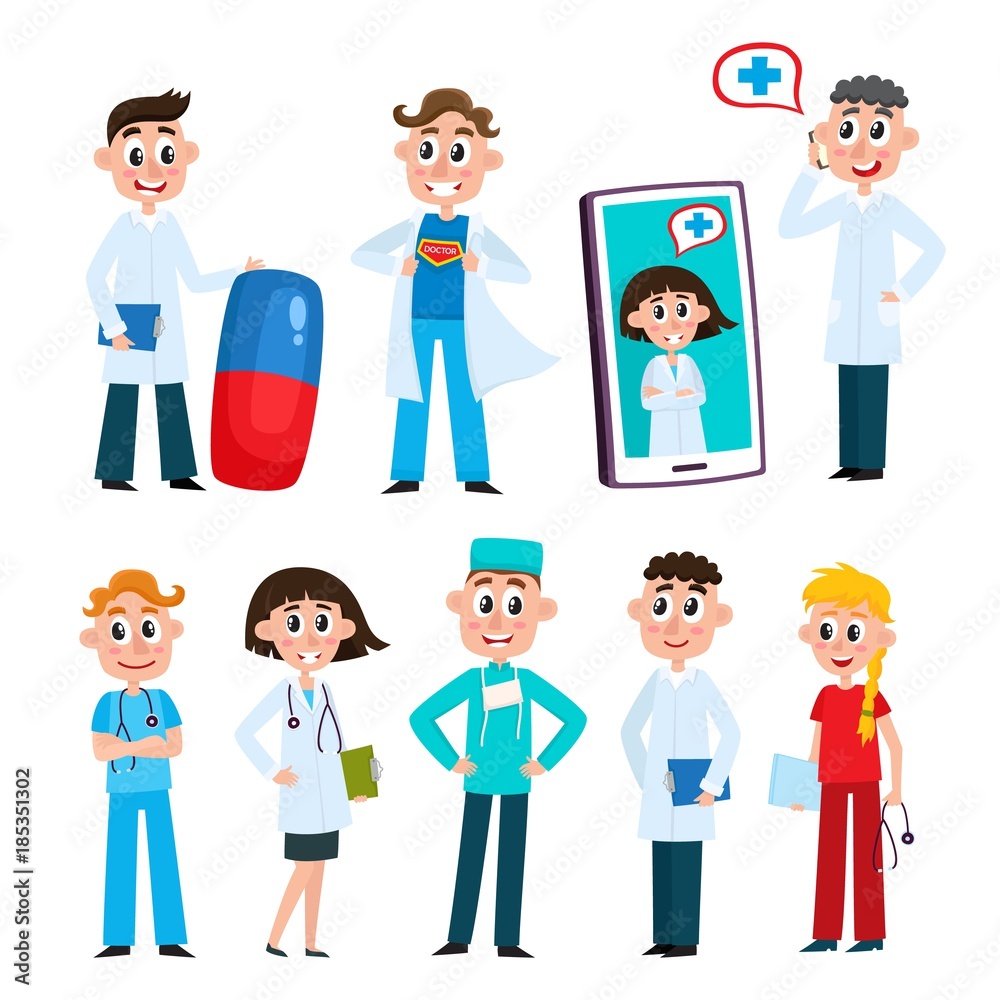 vector flat adult male, female doctors, head physician , nurses in medical clothing holding clipboard, smartphone with avatar inside smiling, set. Isolated illustration on a white background.