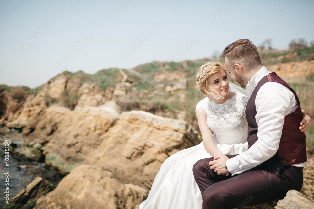 Beautiful newlyweds pose before the rocks on the sea Beautiful newlyweds pose before the rocks on the sea