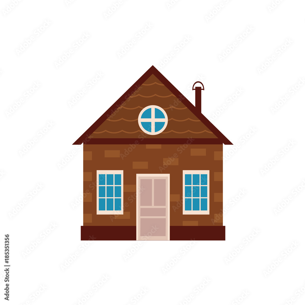 vector flat private wooden house with door, windows icon. Symbols of house rent, sale, real estate and insurance. Isolated illustration on a white background. vector flat private wooden house with door, windows icon. Symbols of house rent, sale, real estate and insurance. Isolated illustration on a white background.