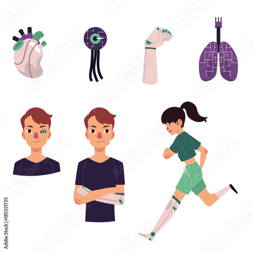Set of bionic, artificial organs - heart, eye, lung, arm and leg prosthesis, cartoon vector illustration isolated on white background. Futuristic bionic, artificial heart, eye, lung, arm and leg,