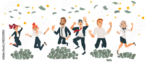 Happy people, men and women, celebrating business success, jumping under money rain, flat cartoon vector illustration isolated on white background. Set of business men and women jumping in money