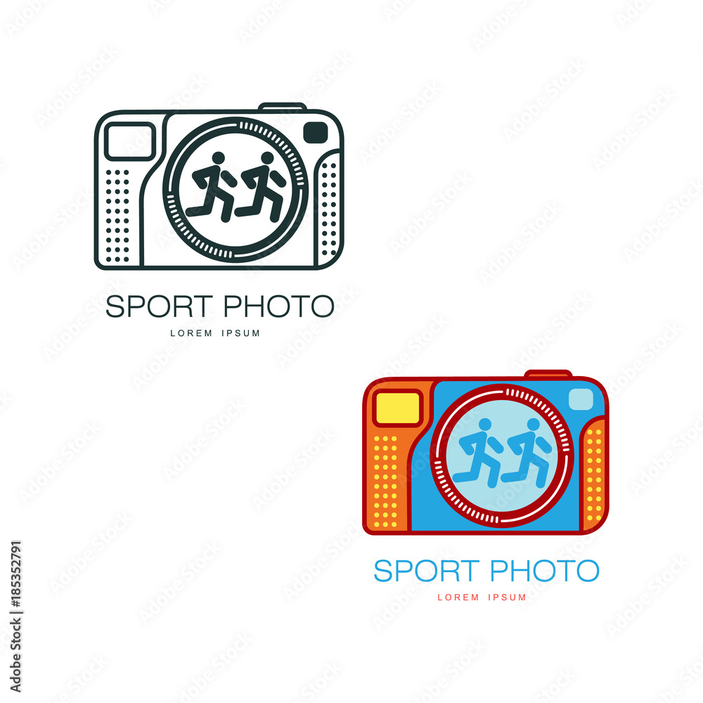 Two camera logo templates for sport photographer, vector illustration isolated on white background. Two variants of camera logo badge logotype template for sport photography Two camera logo templates for sport photographer, vector illustration isolated on white background. Two variants of camera logo badge logotype template for sport photography