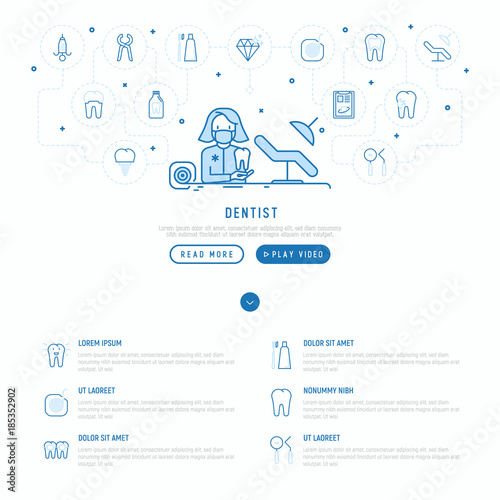 Dentist concept with thin line icons of tooth, implant, dental floss, crown, toothpaste, medical equipment. Modern vector illustration, template for web page.