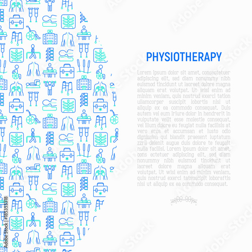 Physiotherapy concept with thin line icons: rehabilitation, physiotherapist, acupuncture, massage, gymnastics, go-carts, vertebrae; x-ray, trauma, crutches, wheelchair. Vector illustration.