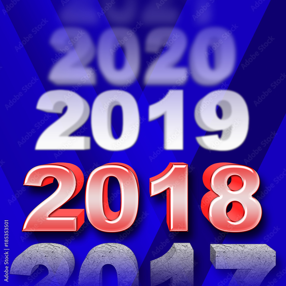 Stock Illustration - Bright Red 2018, Fading numbers, 3D Illustration, Blue Gradient Background.