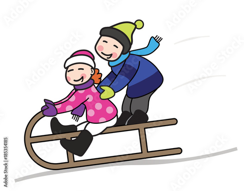 Zwei Kinder fahren zusammen auf einem Schlitten lachend einen Hügel hinunter. Illustration