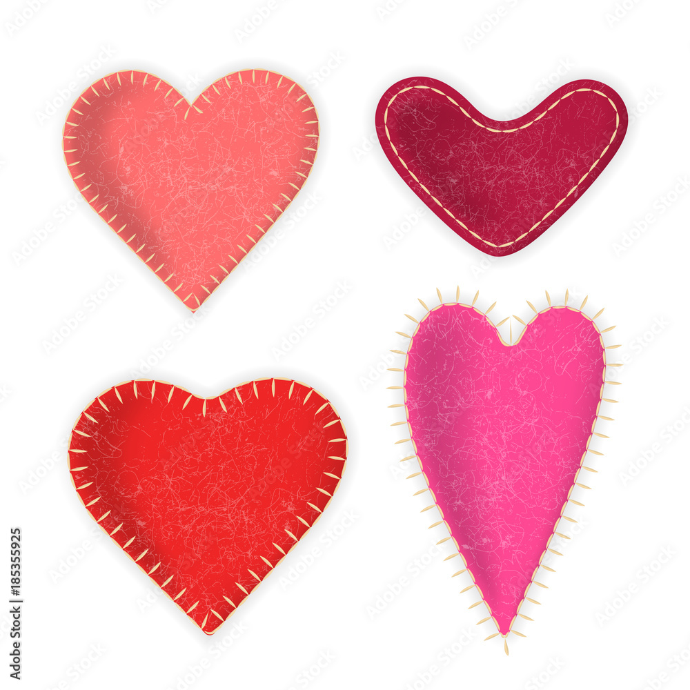Vector collection of felt realistic red hearts. For design on Valentine's Day and weddings.