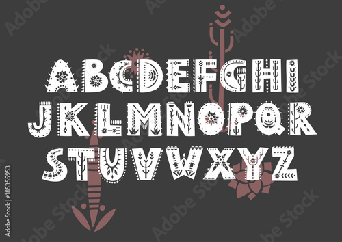 Vector patterned alphabet decorated with folk ornaments based on desert motifs.  Display uppercase font on a black background.