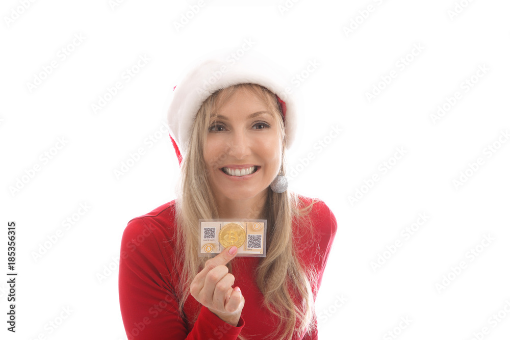 Happy woman with her cryptocurrency coin and digital wallet conc Happy woman with her cryptocurrency coin and digital wallet conc