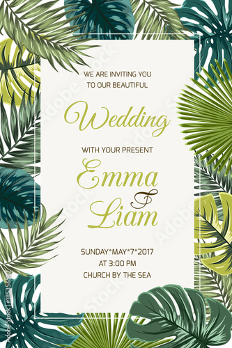 Wedding event invitation card template. Exotic tropical jungle rainforest bright green palm tree and monstera leaves border frame on beige background. Vertical portrait aspect ratio. Text placeholder.