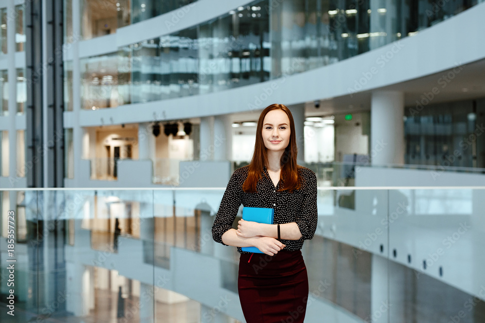The young business woman with the daily log in hands against the background of office.